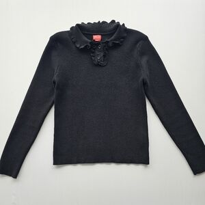 Lulu Elegant Black Ruffled Collar Longsleeve Knit Sweater Top